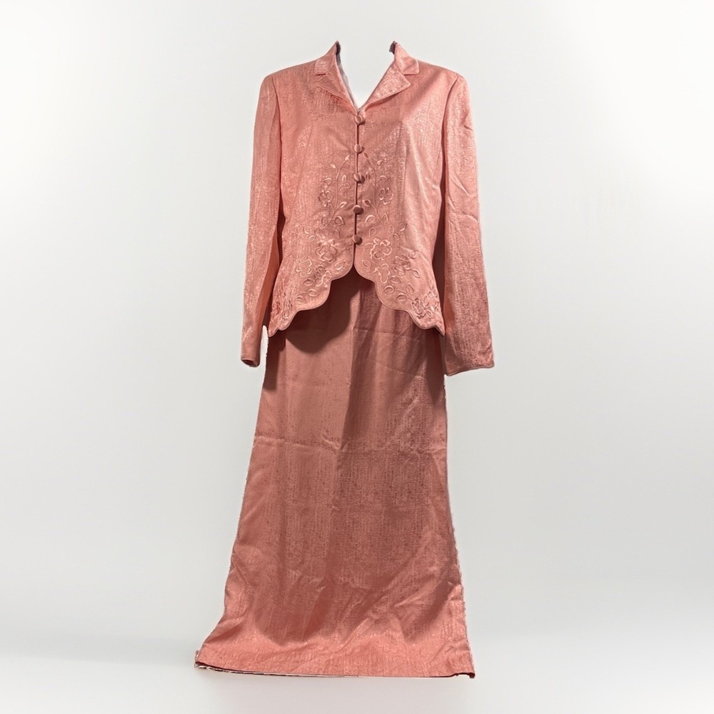 Vtg Adrianna Papell Silk Skirt Suit 6 Peach Salmon Coral Embroidered Blazer Set